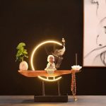 Antique Porcelain Little Laugh Buddha and White Lotus Waterfall Backflow Incense Burner With LED Light